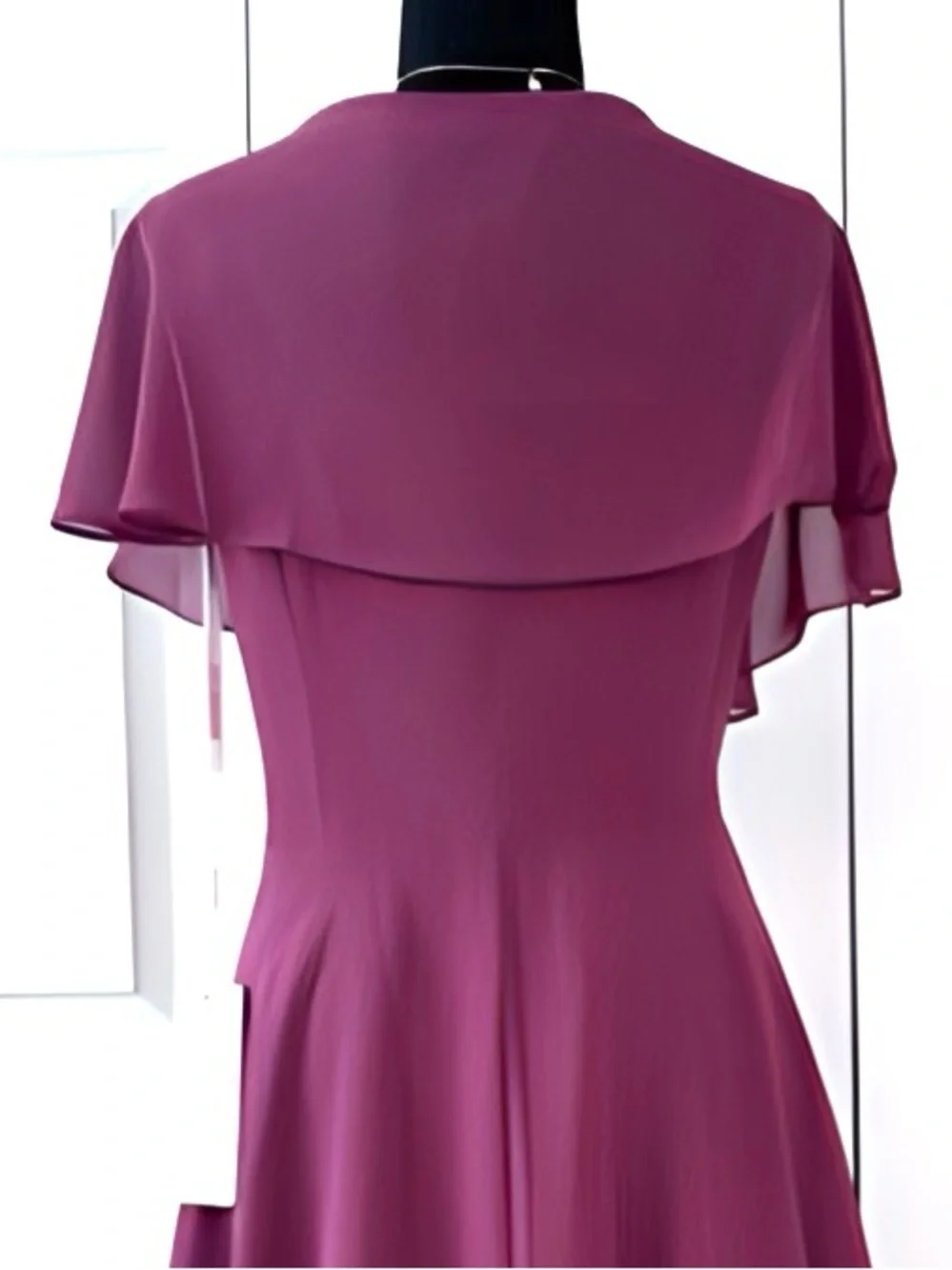 Billowy High-Low layered dress w/flutter sleeves partially lined burgundy color